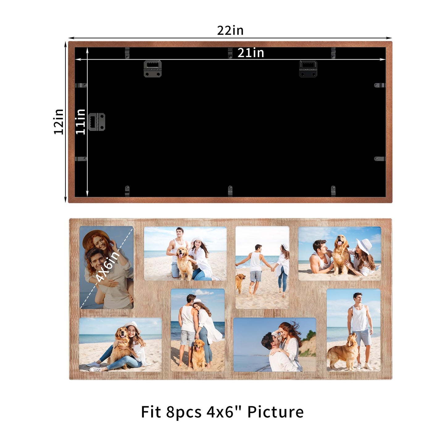 YESKAY 4x6 Picture Frame Collage for Wall Decor,Multiple Photo Collage Frames with Tempered Glass,8-Opening for 4 x 6 Picture Frames,Rustic Brown,1 Pack(OD:11.75X21in)