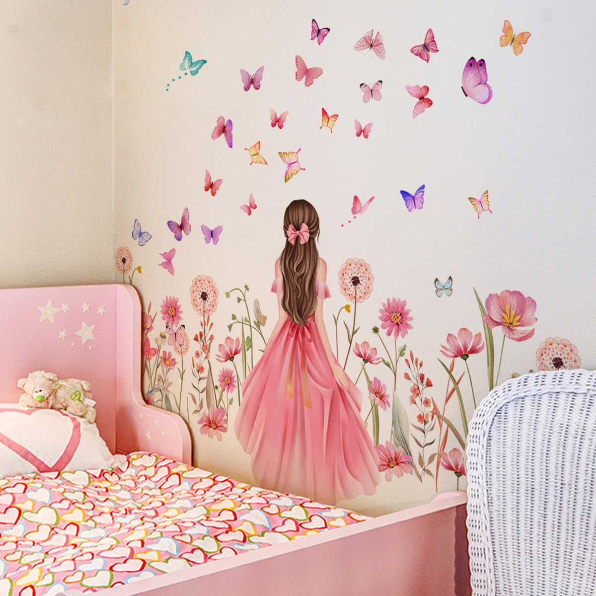 Pink Flower Wall Sticker DIY Purple Princess Dandelion Floral Butterfly Wall Stickers for Girls Bedroom Baby Nursery Kids Room Wall Decor Removable Waterproof