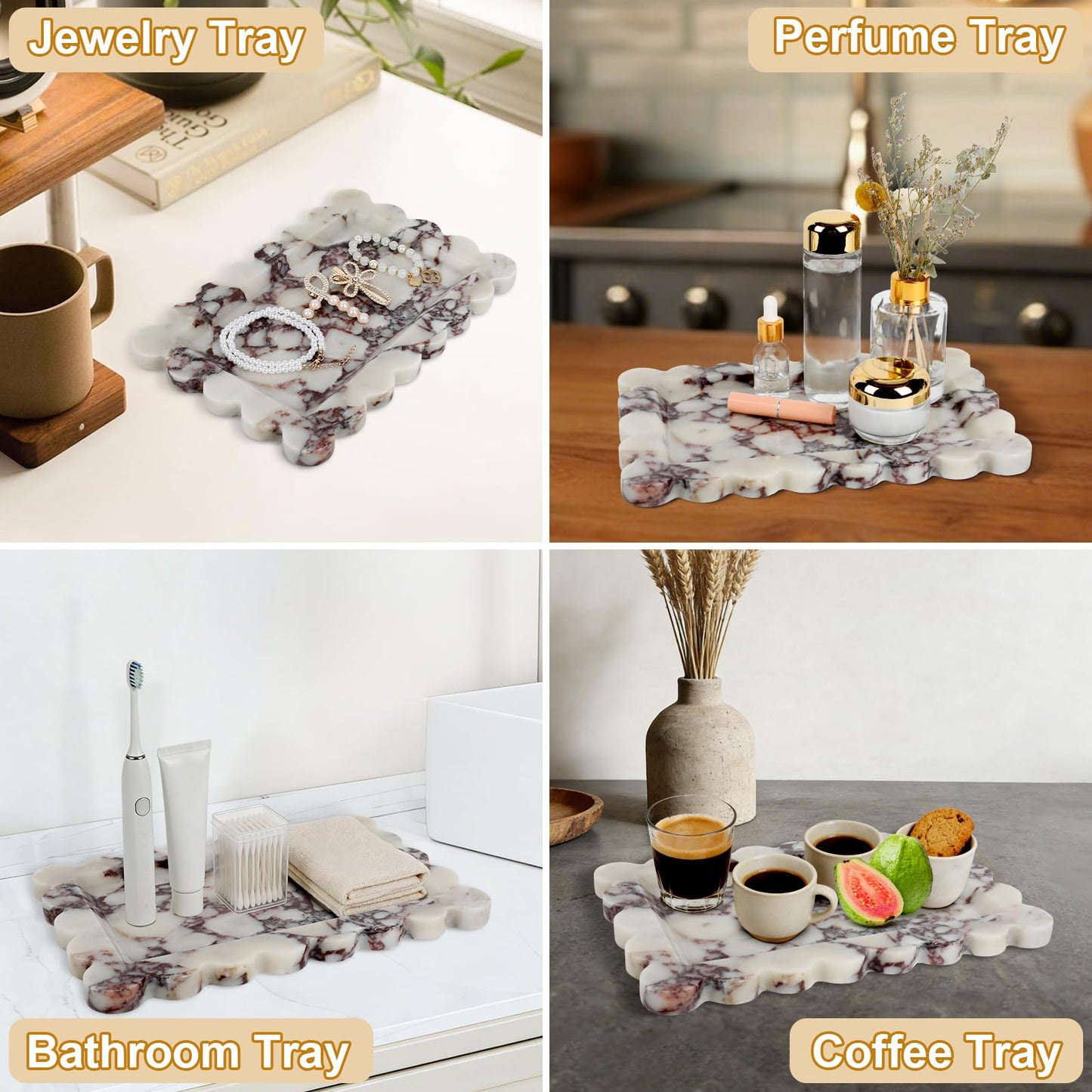 Xosody 100% Natural Marble Vanity Tray - Real Stone Storage Organizer for Bathroom/Kitchen/Vanity/Dresser, Countertop Tray for Perfume, Jewelry, Home Decor, 11.8 x 7.8 x 0.7 Inch