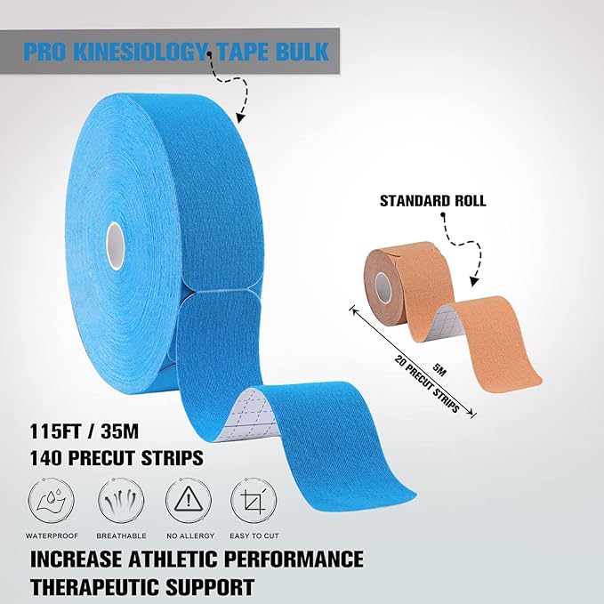Pro Kinesiology Tape Precut Bulk, 115Ft Athletic Tape for Muscle Joint Support, 140 Strips for Knee Wrist Back Shoulder, Blue