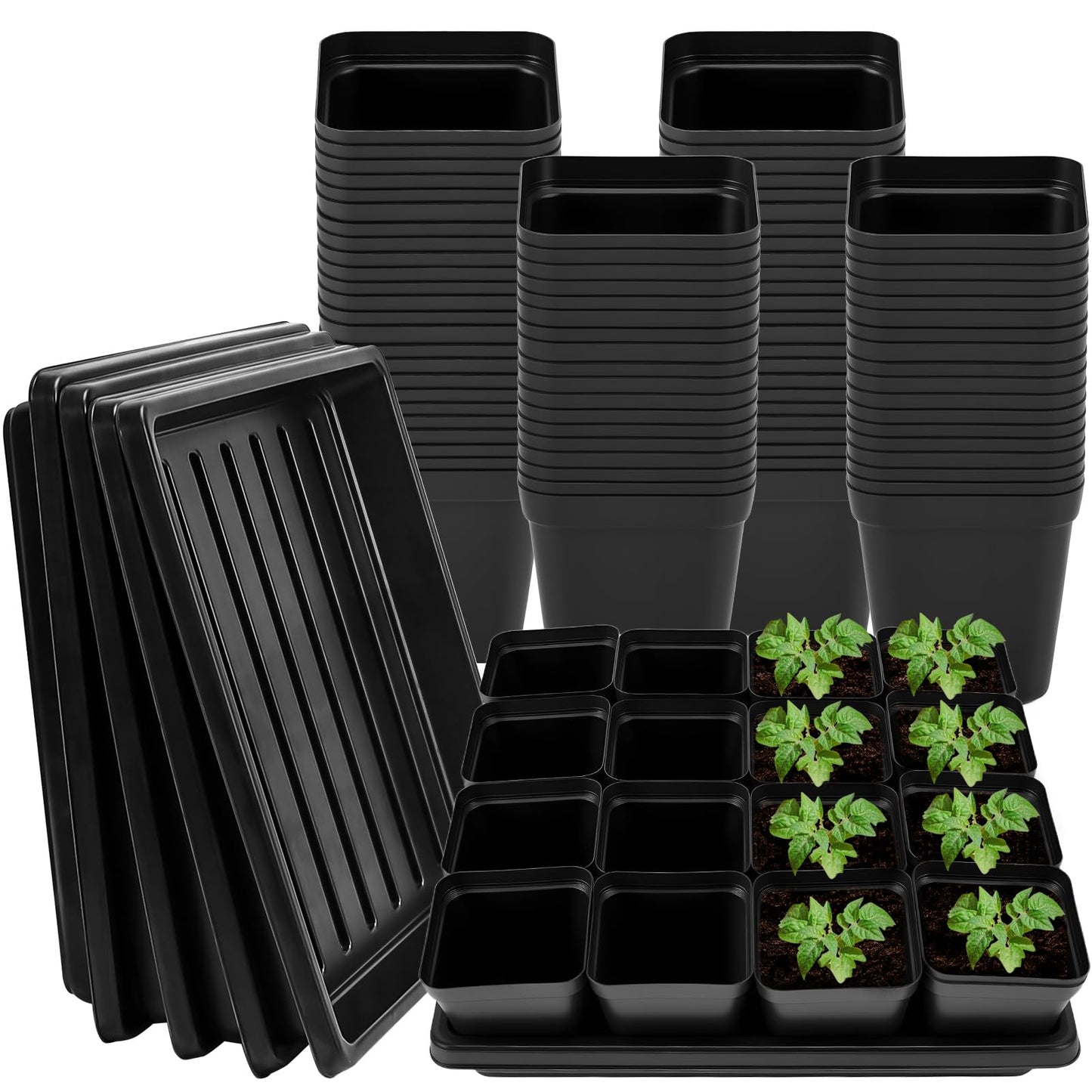 NNG 2.6 inch 100 Pcs Black Square Nursery Pots with 5 Pcs Plastic Seed Starting Trays,Plant Propagation Starter Kit Square Seed Starting Pots with Drain Holes