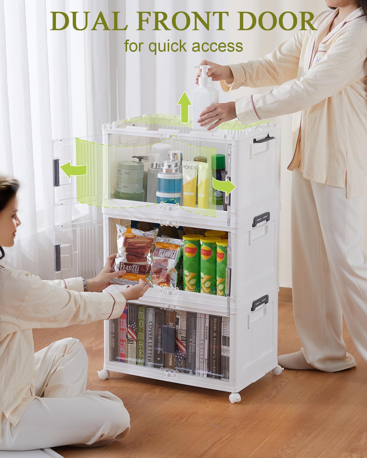 OlarHike 144QT Lockable Storage Bins with Lids - Folding Storage Cabinet with Doors and Wheels, Collapsible Plastic Box for Closets, Office, Stackable Organizer and Containers, Gifts, 3 Pack Cubes
