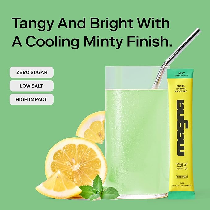MAGNA Electrolyte Powder Drink Mix for Hydration, Energy & Focus Support with Magnesium L Threonate, Sodium, Potassium, Vitamin D, B6 & B12, Sugar Free, Mint Lemonade Flavor, 14 Servings