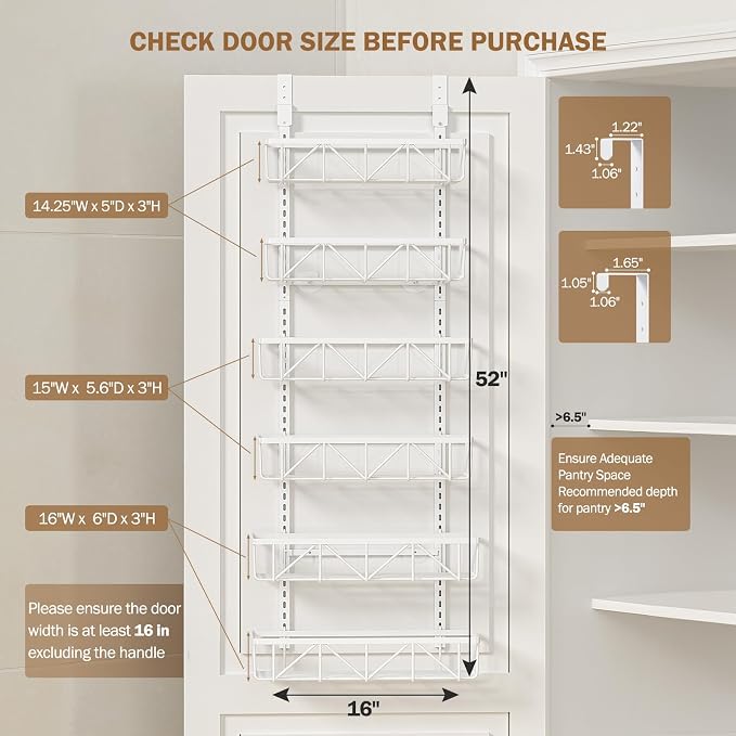 Delamu Adjustable Over the Door Pantry Organizer, 6-Tier Metal Pantry Organization and Storage for Kitchen, Hanging Spice Rack Seasoning Shelves, Cabinet Door Organizer for Easy Install, 16"