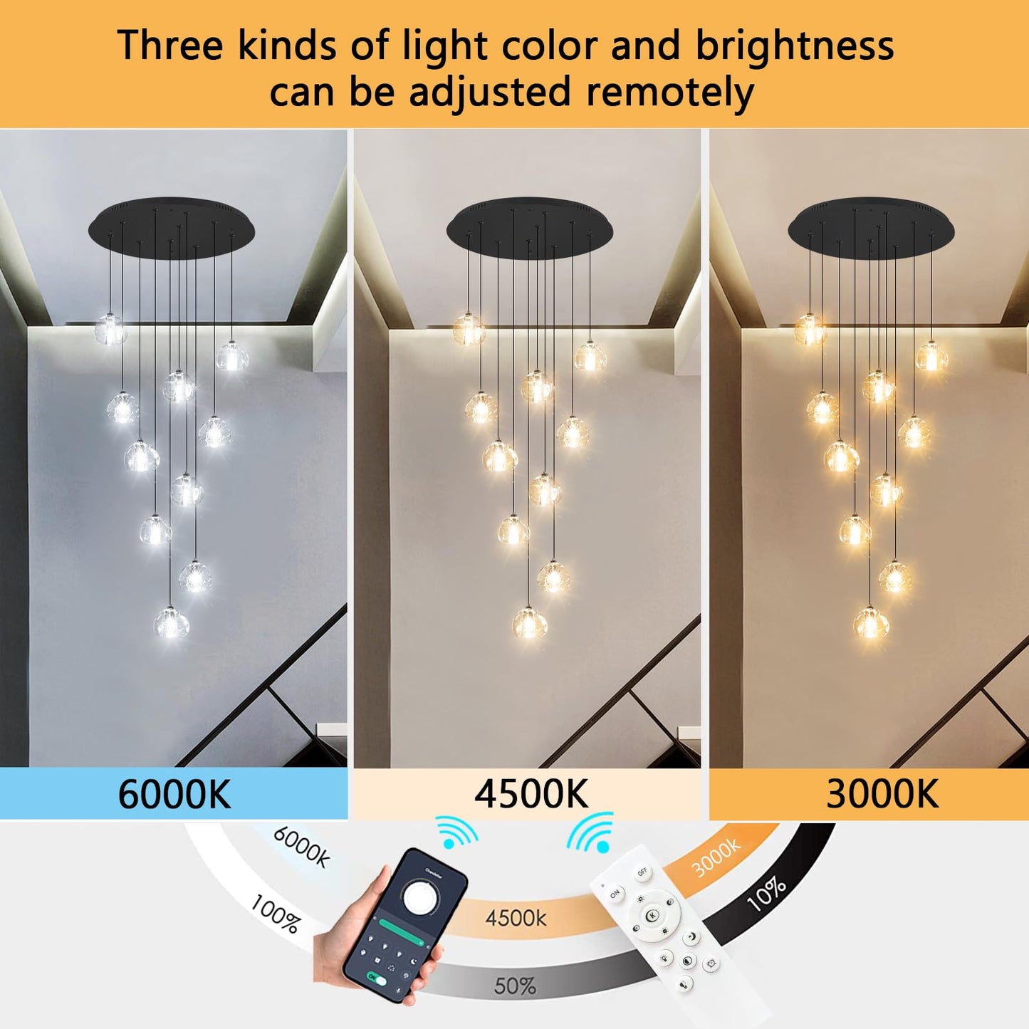 HAIXIANG LED Chandeliers for Dining Room Adjust High Ceiling Chandelier Light Fixtures Entrance LED Dimmable Ceiling Pendant Drops Light Remote Lights for Living Room Stairwell 2700K 6000K