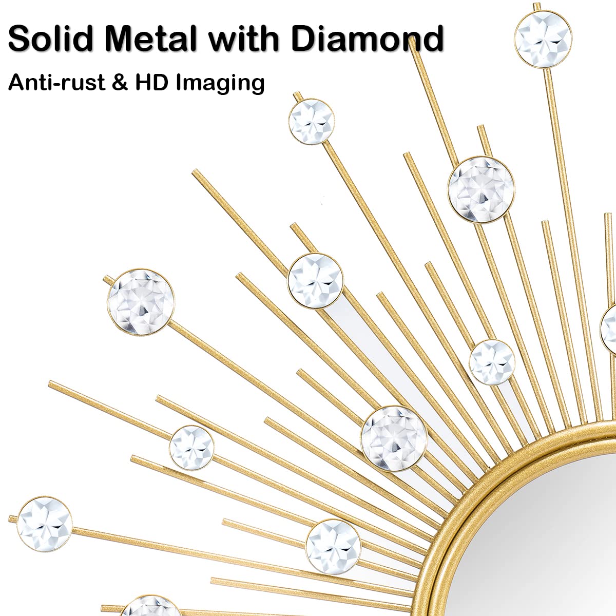 TaoliMo Gold Sunburst Mirror for Wall Decor Metal Sun Wall Mirror Decorative with Crystal Diamond for Living Room Bedroom Entryway Large Circle Mid Century Modern Starburst Wall Hanging 24 Inch