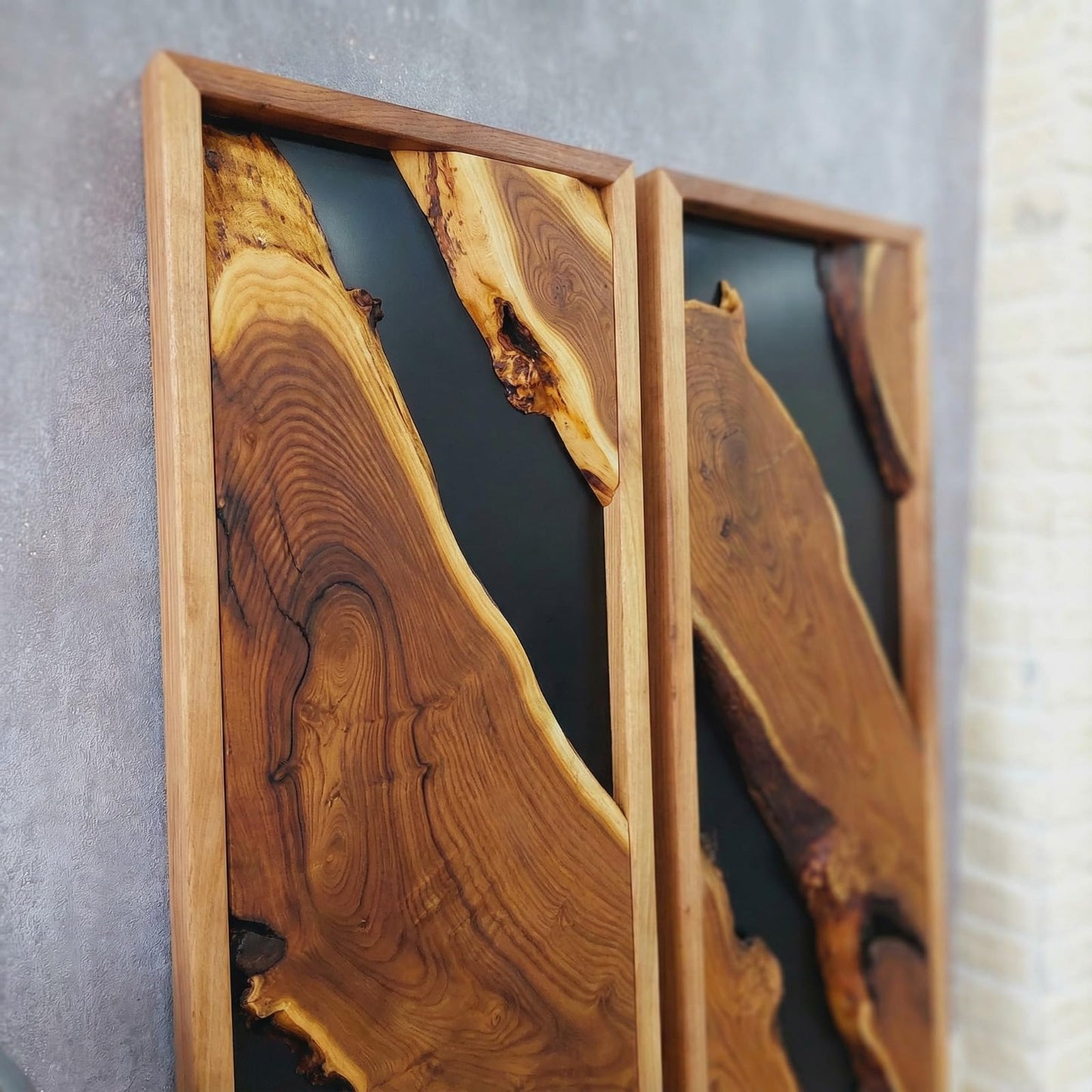 Modern Rustic Wall Art - Live Edge Olive Wood Single Panel Decor - Black Background Wood Art - 14"x30"