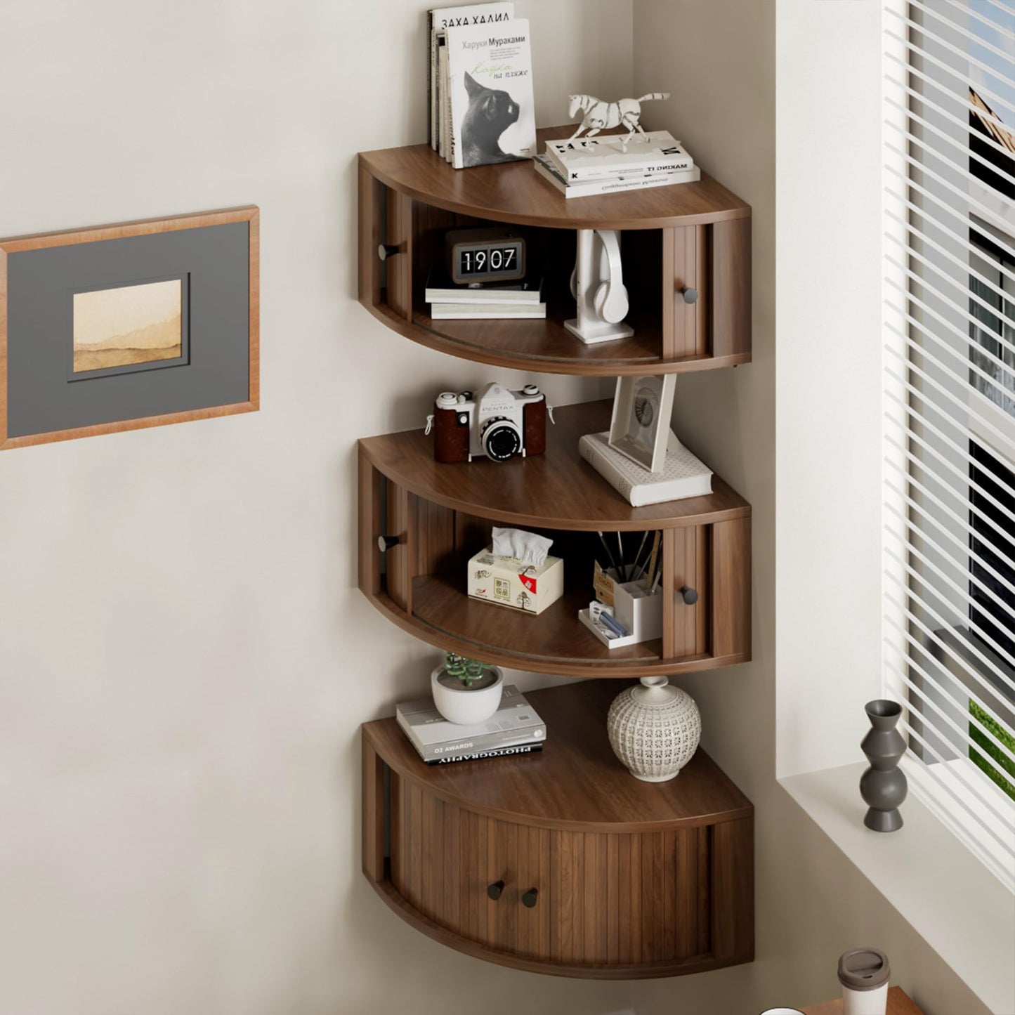 tauxkoi Corner Shelves Wall Cabinet Set of 3, Floating Corner Shelf Organizer with Sliding Doors, Fluted Wall Cabinet for Living Room, Bedroom, Office, Small Space, Walnut (Curved, 15.74“)