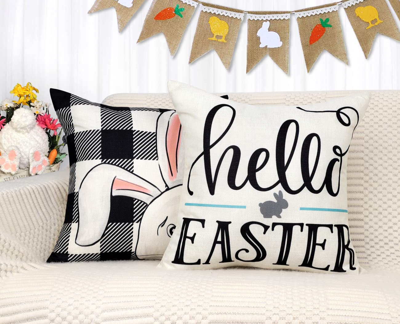 4TH Emotion Easter Pillow Covers 18x18 Set of 4 Easter Decorations for Spring Farmhouse Pillows Easter Decorative Throw Pillows Buffalo Plaid Bunny Eggs Throw Cushion Case for Home Decor TH086-18