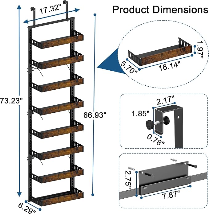 BUKFEN 8-Tier Over the Door Pantry Organizer, 2-in-1 Door Hanging or Wall Mounted Spice Rack, Heavy Duty Metal Storage Shelves with Adjustable Wooden Baskets for Kitchen Bathroom Closet