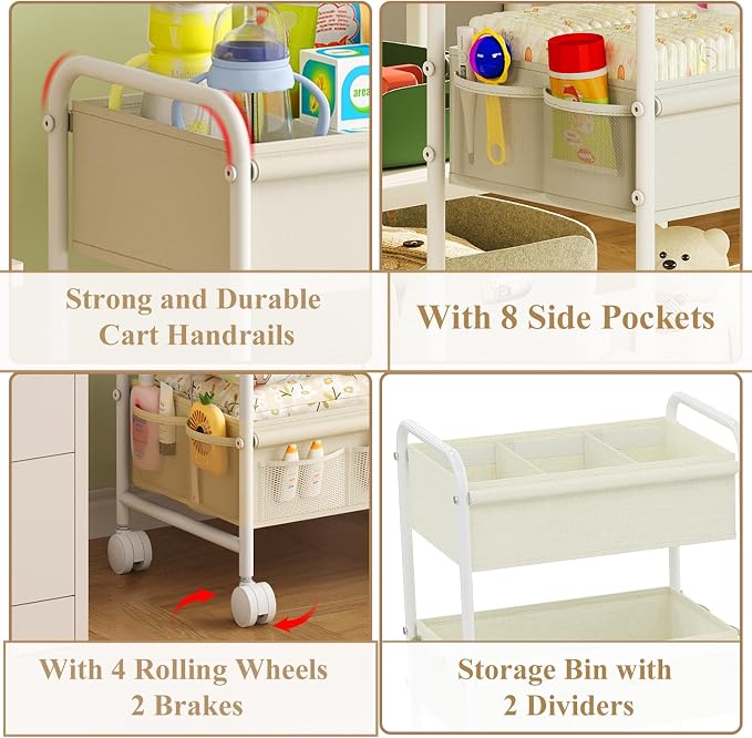 3-Tier Baby Diaper Caddy Cart Organizer,Mobile Nursery Storage Carts with Wheels,With 2 Dividers&14 Mesh Pockets Durable Metal Utility Cart for Nursery, Bedroom, Bathroom, Baby Essentials Organization