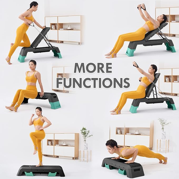 leikefitness Exercise Step Platform, Multifunctional Aerobic Deck with Cord and Adjustable Dumbbell & Weight Bench, Fitness Equipment for Workout Home Gym