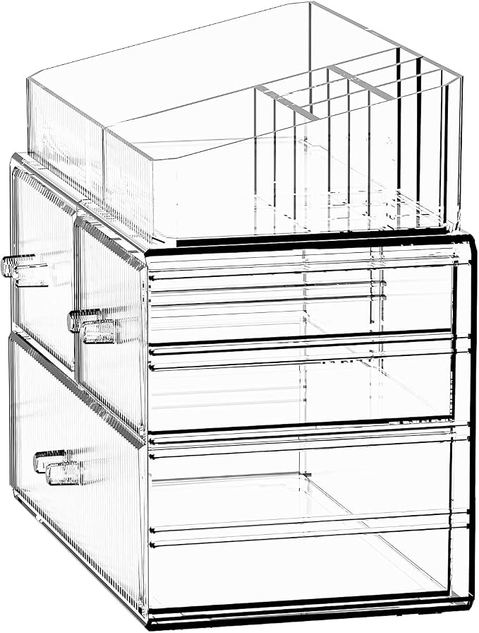 ZHIAI Stackable Cosmetic Organizer, Acrylic Cosmetic Organizer for Dresser, Vanity, Kitchen Cabinet, Bathroom, Under Sink, Home Organization and Storage (1 Top 3 Drawers)