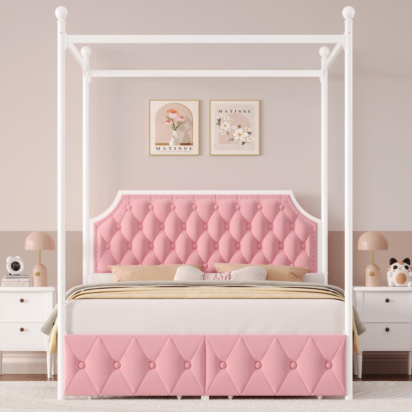 Keyluv Full Upholstered Canopy Bed Frame with 2 Storage Drawers & Button Tufted Headboard, Metal Platform Bed with 4 Removable Posts, Two-Purpose Velvet Bed, Pink/Curtain Not Included