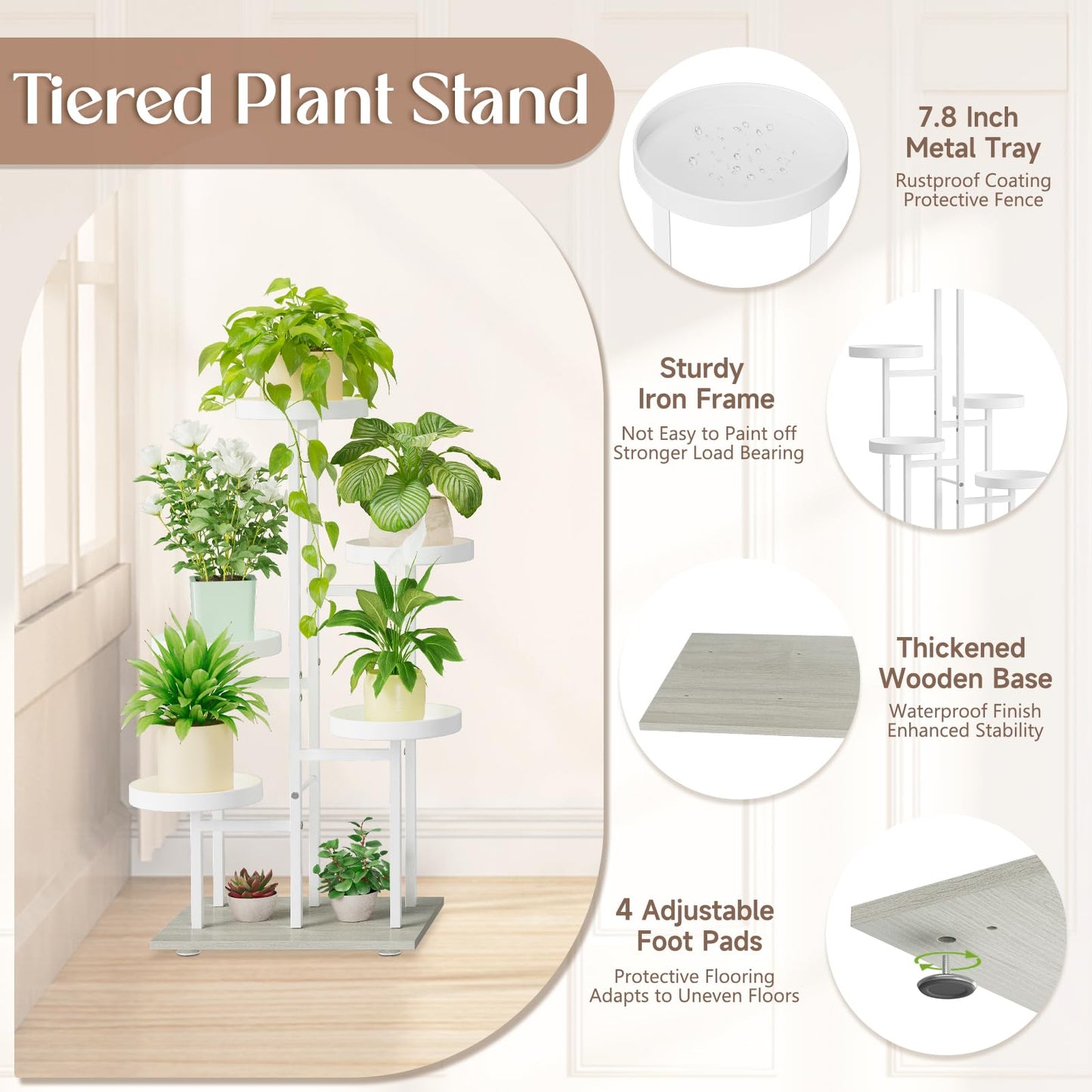 iDavosic.ly 5 Tier Plant Stand Indoor, Tiered Corner Flower Holder Shelf Outdoor, Metal Tall Orchid Display Rack for Patio Porch Garden Balcony Office Living Room, Space Saving, White