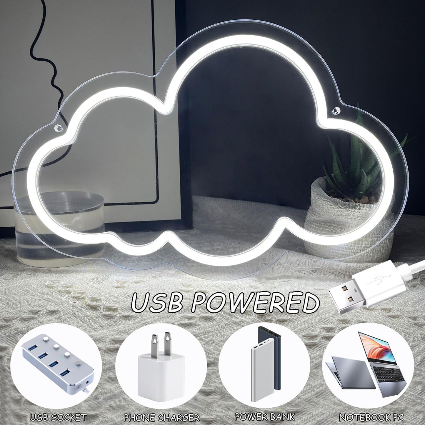 Cloud Neon Sign Cute White Clouds LED Light Sign for Wall,13 * 7.9IN Dimmable USB Floating Clouds Light Up Sign for Living Room Kid Bedroom Nursery Birthday Christmas Wedding Party decor