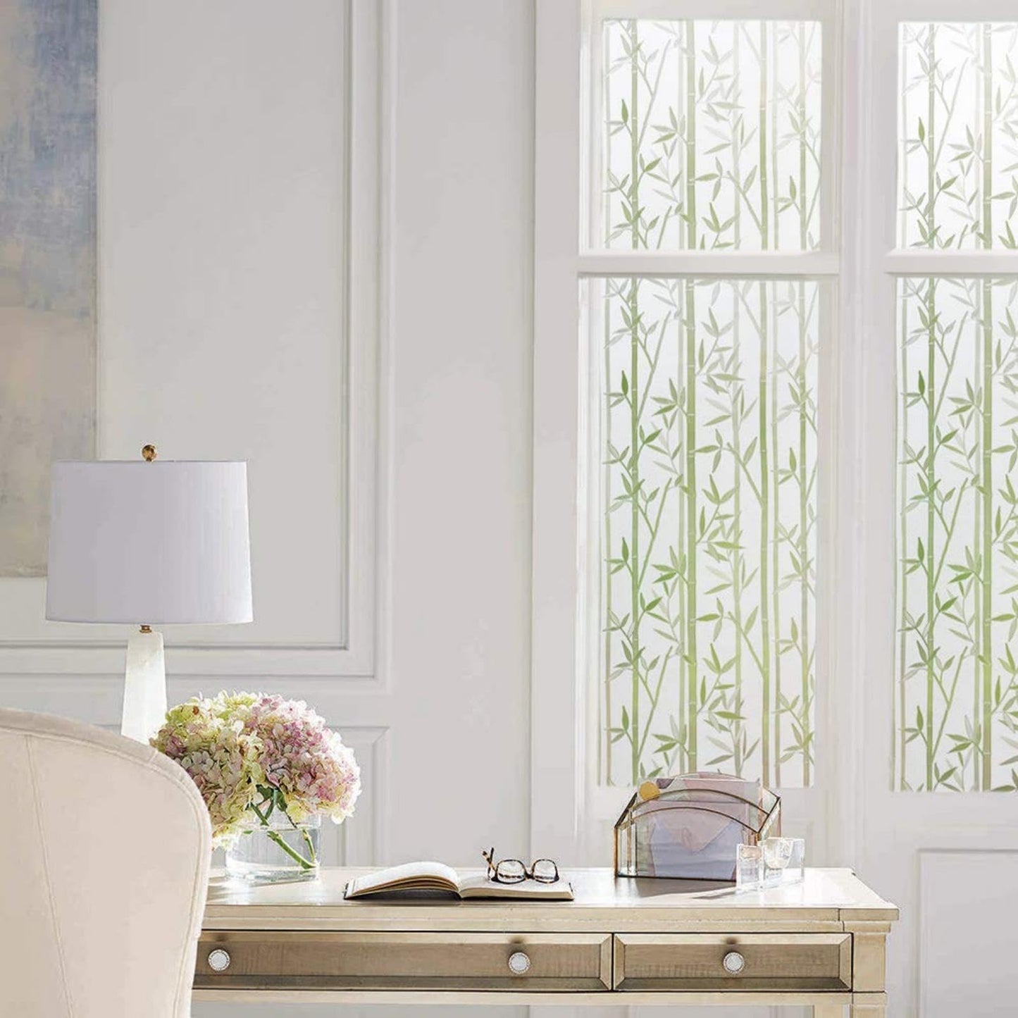 Finnez Frosted Bamboo Window Privacy Film, Static Cling No-Glue Decorative Film for Glass Doors and Windows, Removable and Reusable, Easy to Install, 17.5 x 78.7 inches