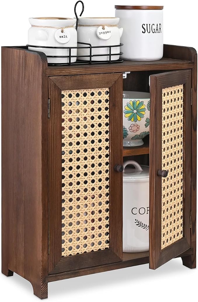 Ikee Design Wooden Countertop Storage Cabinet with Magnetic Rattan Doors, Kitchen Pantry Cabinet with Removable Shelves, Coffee, Snack, Cup Organizer, Dark Brown Color, 12.1W x 6.1D x 15.7H in