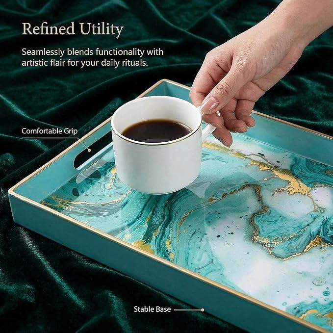 Decorative Tray, Marbling Plastic Tray with Handles, Rectangular Vanity Tray and Serving Tray for Bathroom, Kitchen, Ottoman and Coffee Table, 15.6" x 10.2" (Golden Blue)