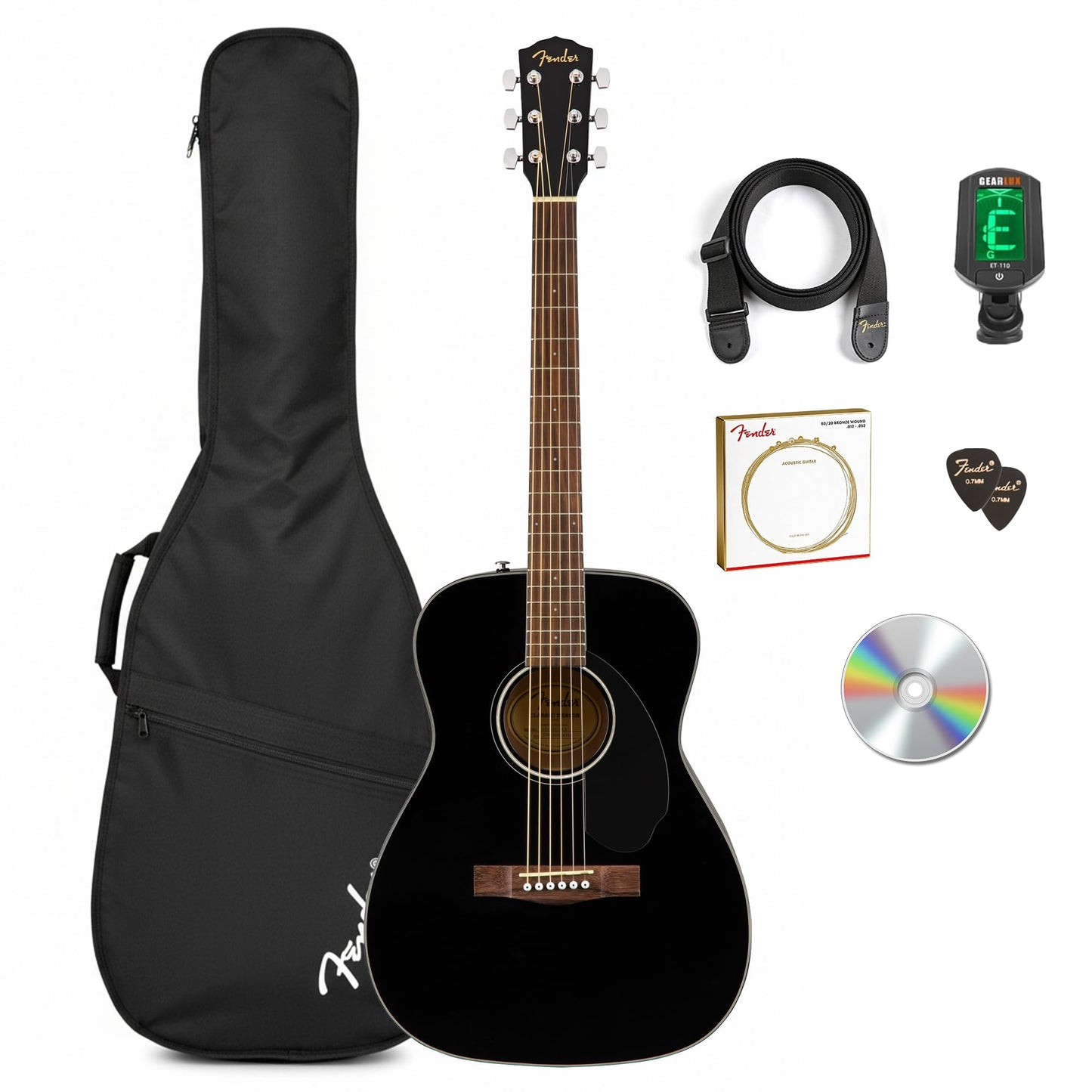 Fender CC-60S Solid Top Concert Acoustic Guitar - Black Bundle with Gig Bag, Tuner, Strap, Strings, Picks, and Austin Bazaar Instructional DVD