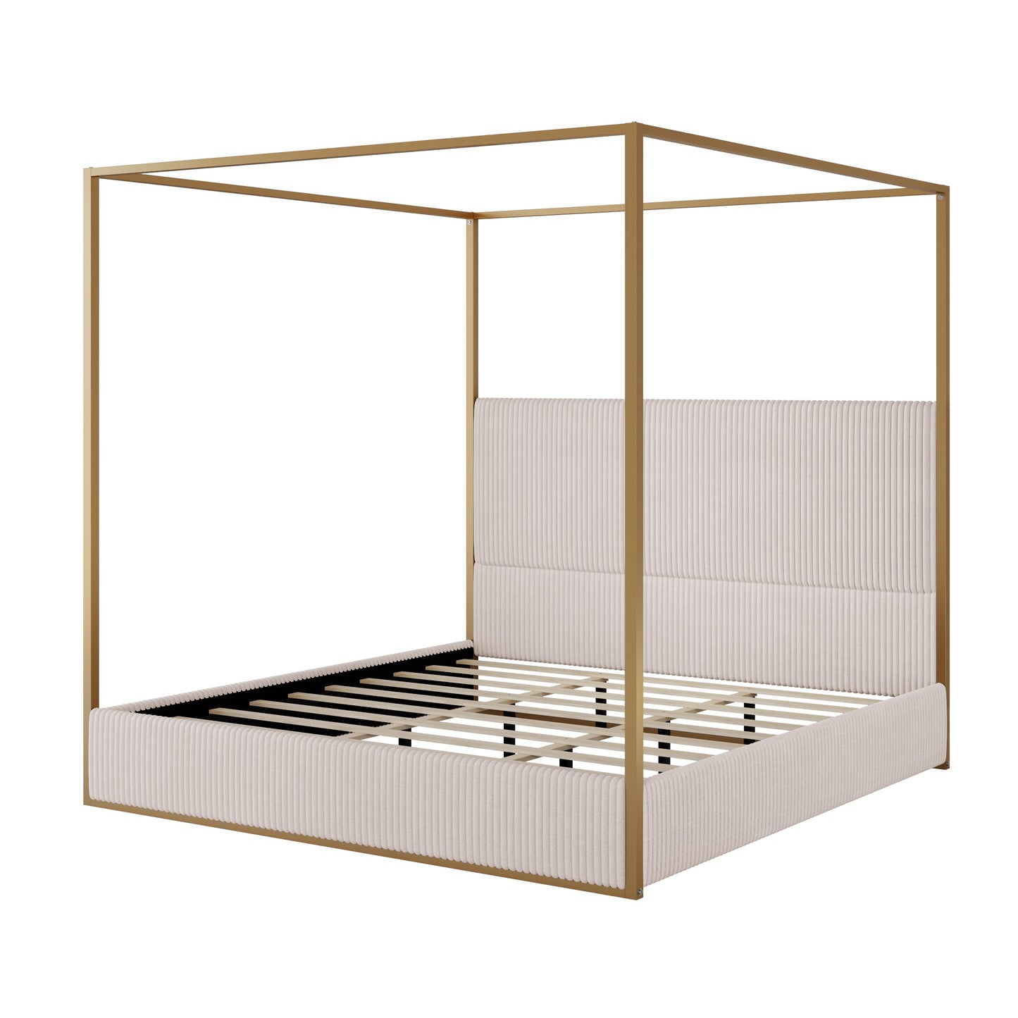 Merax Modern Luxury King Metal Canopy Bed with Tall Upholstered Headboard, Gold Four Poster Bed, No Box Spring Needed, Beige
