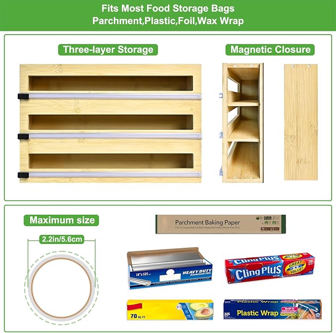 MSJGA Magnetic Plastic Wrap Dispenser with Cutter, 3 in 1 Refrigerator Bamboo Organizer for Tin Foil, Baking Paper, Wax Paper Holder Kitchen Storage Box Compatible