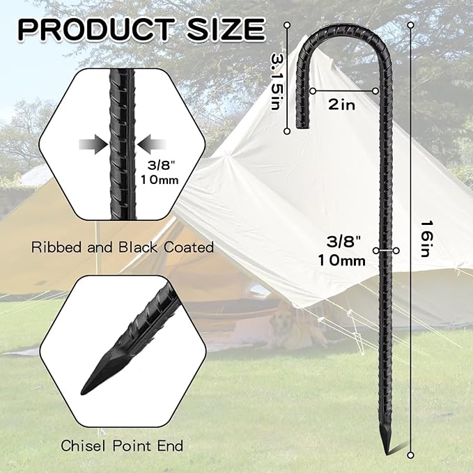 Black Rebar Stakes 16inx10mm Galvanized J Hook 6pcs – Heavy Duty Ground Tent Stakes for Fence,Bounce House,Outdoor Plants,Artificial Turf,Dog Coop,Metal Stakes for Christmas Decorations