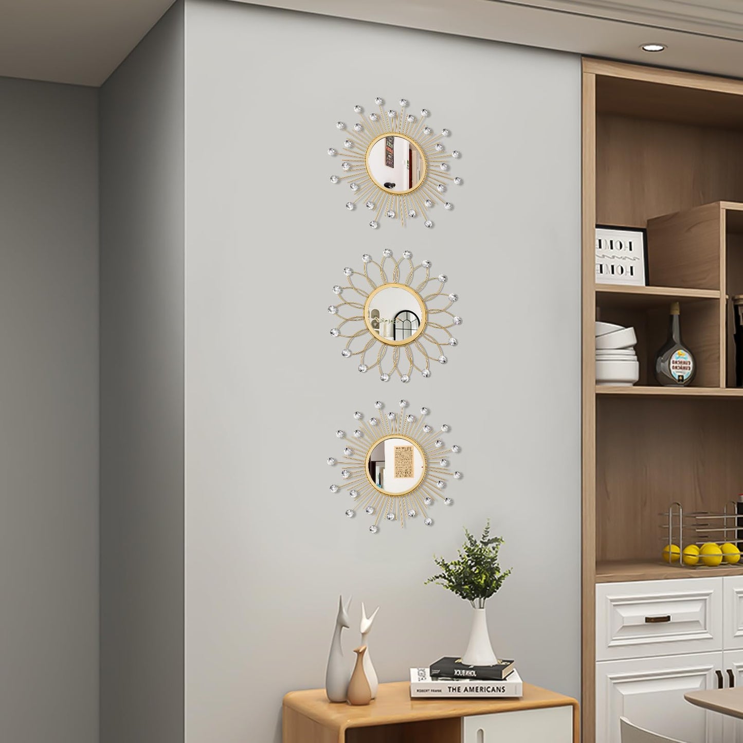 3 Pack Metal Mirrors for Wall Sunburst Wall Mirrors Home Décor Decorative Hanging Wall Art for Living Room Bedroom Entryway (Gold Crystal, Flower+Sunburst)