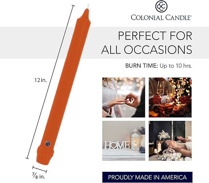 Colonial Candle Unscented Taper Candle, Classic Collection, Pumpkin, 12 in, Pack of 12 - Up to 10 Hours Burn