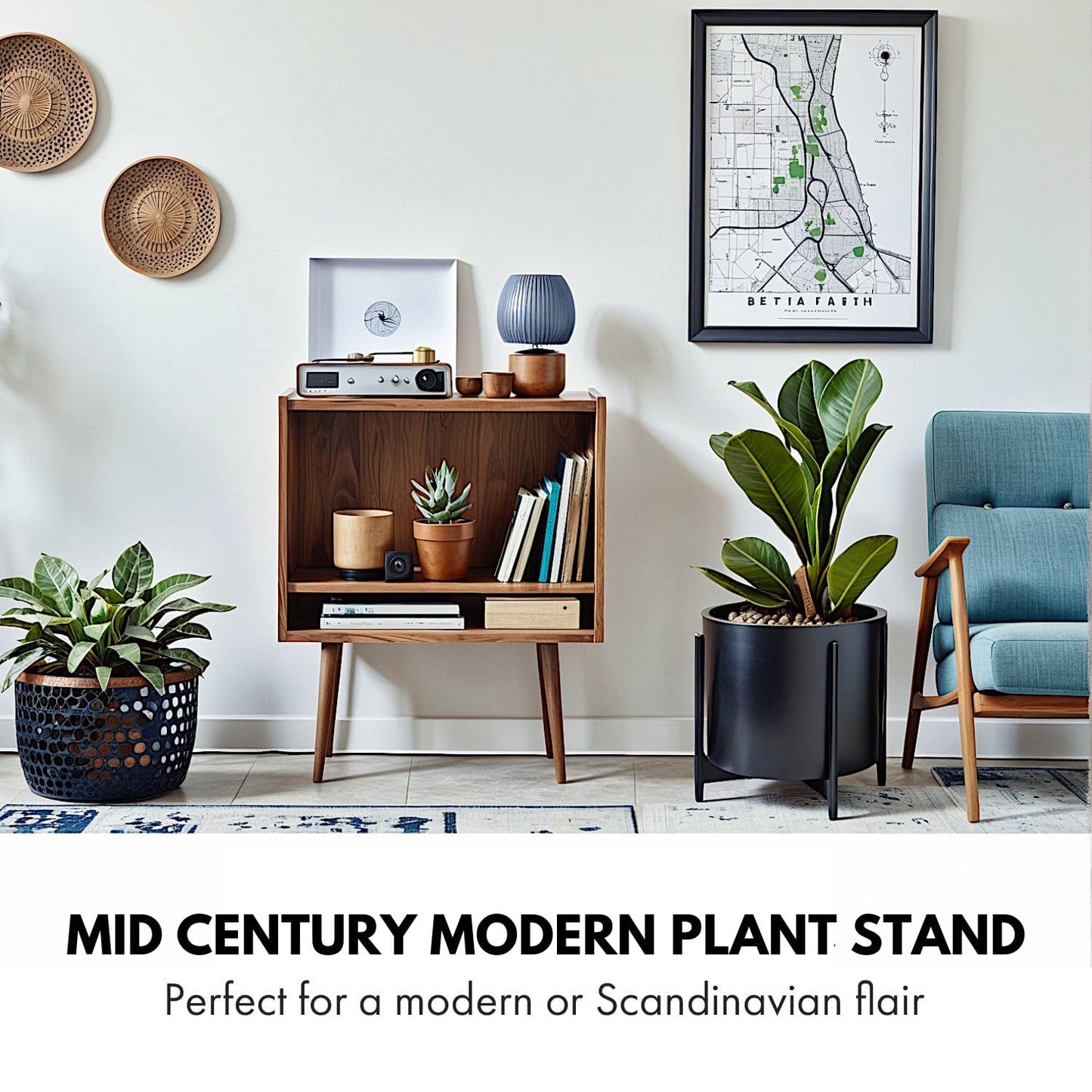 Fox & Fern Bamboo Plant Stand — 14.9 Inch Fixed Size Wooden Mid Century Planter Stand for Indoor Planters (Not Included); Extra Large Flower Pot Holder for Indoor Big Pots; Plug In Design; Dark Bamboo