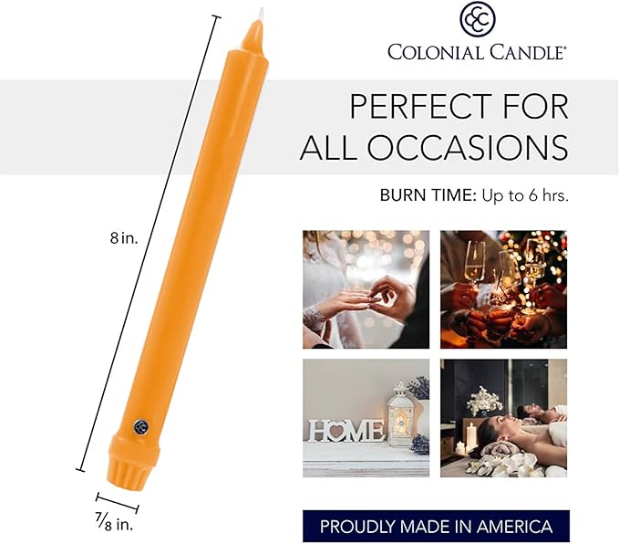 Colonial Candle Unscented Taper Candle, Classic Collection, Caramel, 8 in, Pack of 12 - Up to 6 Hours Burn