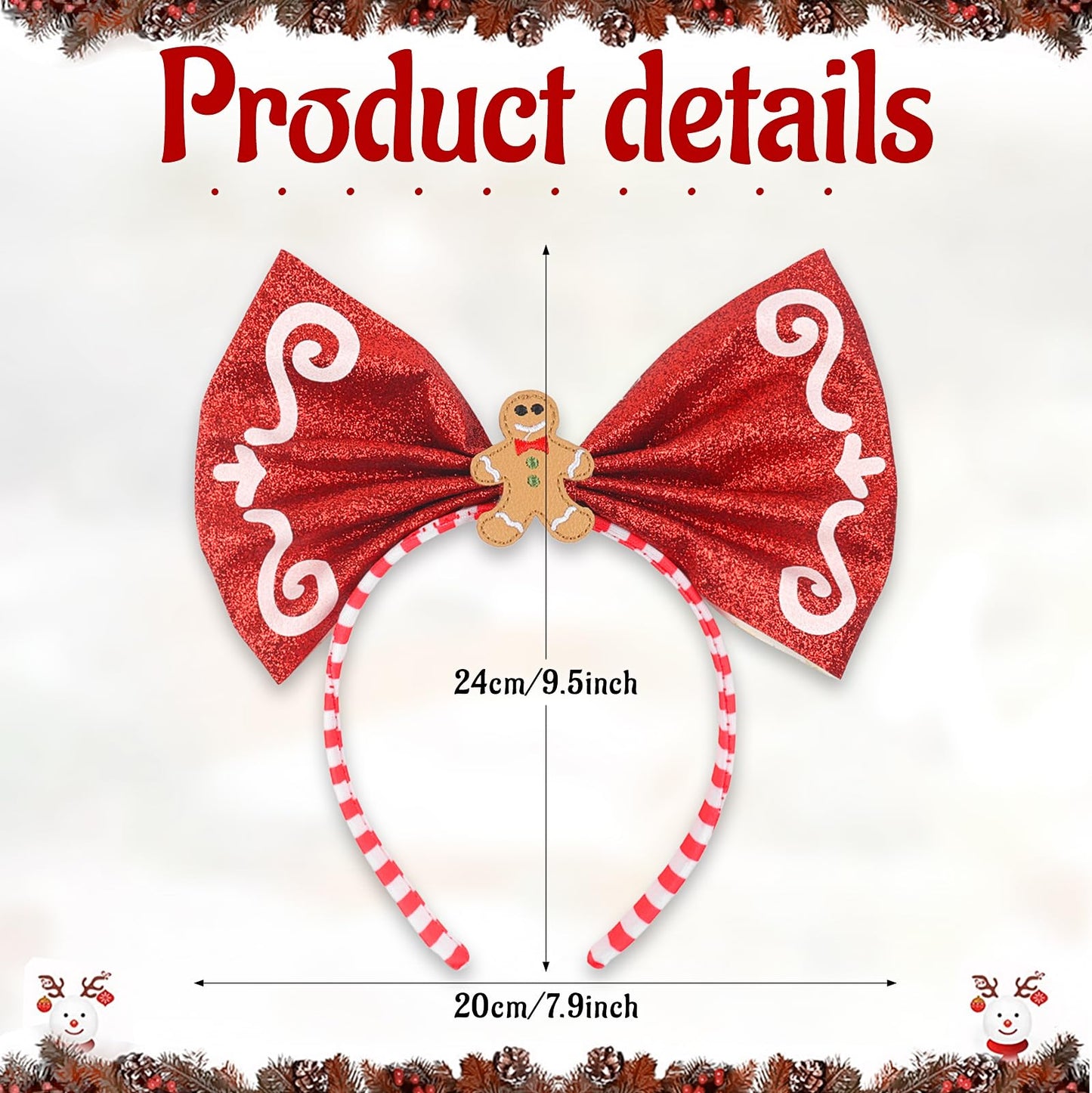 BYNYTO Christmas Bow Headband Gingerbread Man Hairband Candy Cane Hair Hoop Christmas Headbands for Women Festive Holiday Party Accessory