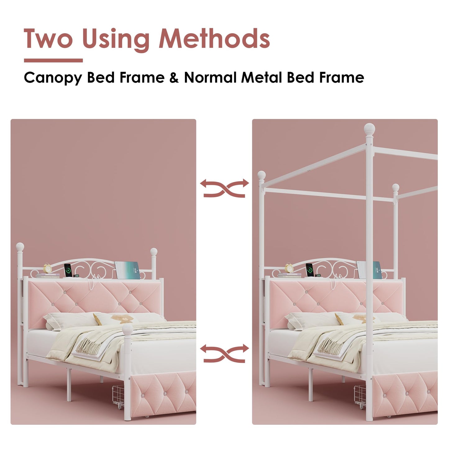 Queen Upholstered Canopy Bed Frame with 2 Drawers & Crystal Tufted Storage Headboard Two-Purpose Metal Platform Bed with 4 Removable Posts & Charging Station Pink Princess Bed, Curtain Not Included