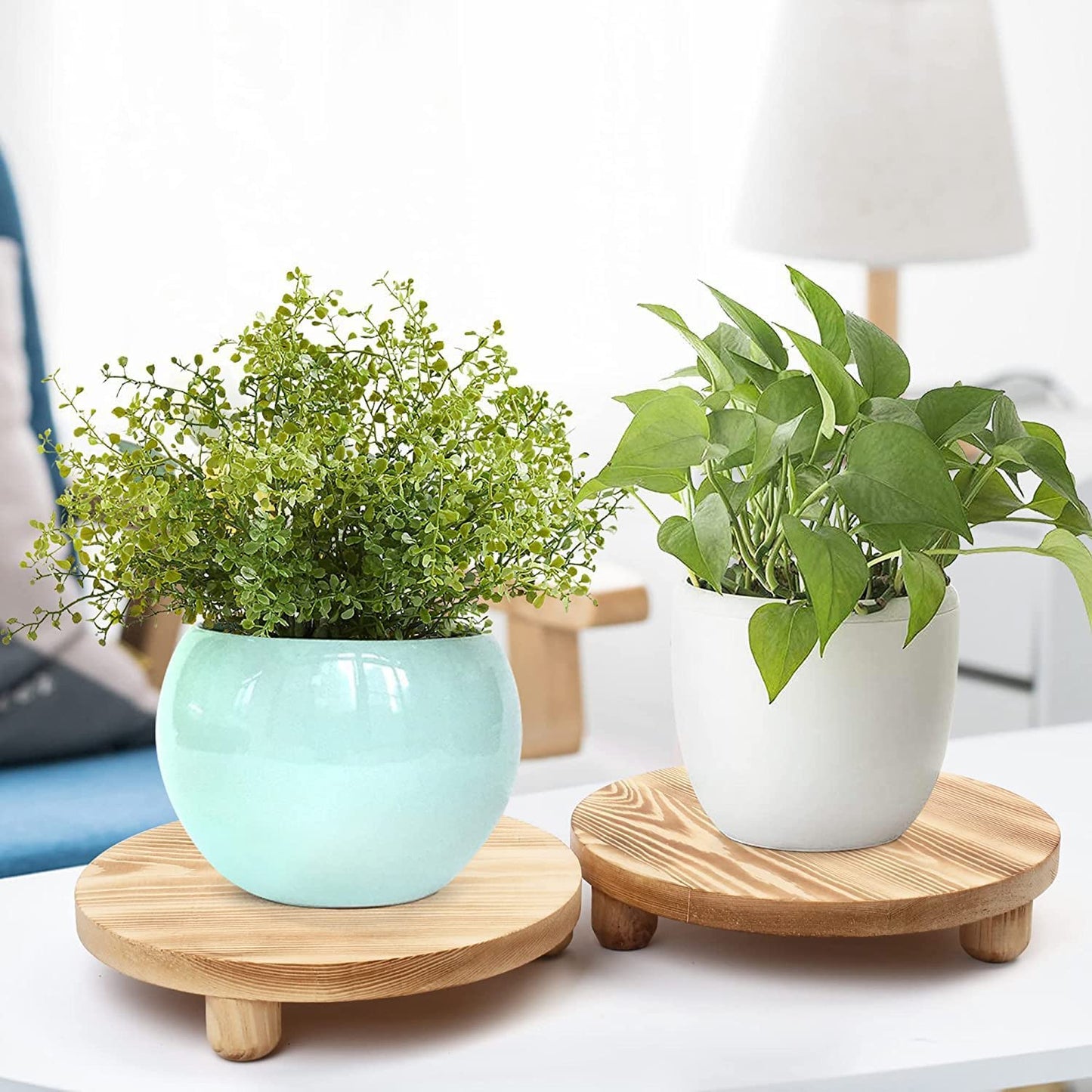 DEAMACE Wood Riser for Decor, 2 Pack Wood Pedestal Stand for Display, Round Wooden Tray for Kitchen Counter, Wooden Pedestal Stand for Plant Pot Indoor