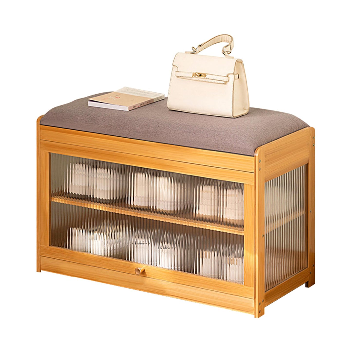 ZHUMUJIAJU Bamboo Shoe Storage Bench with Seat Cushion for Entryway, 27" Farmhouse Small Shoe Rack with Hidden Flip-Top Storage & Dustproof Acrylic Door, 2-Tier Narrow Shoe Cabinet Organizer, Natural