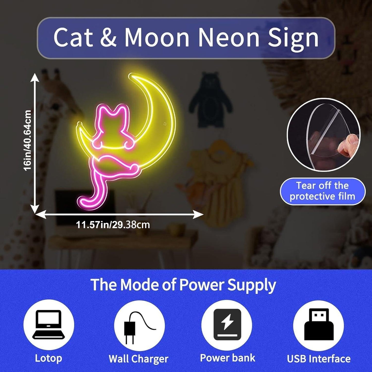 Anime Cat & Moon Neon Sign, Personalized Neon Signs for Wall Decor, LED Night Lights Home Decor Lights Backdrop LED Light up Signs for Game Room Sign Wall Art Arcade Decor, Bedroom, Living Room, Bars,
