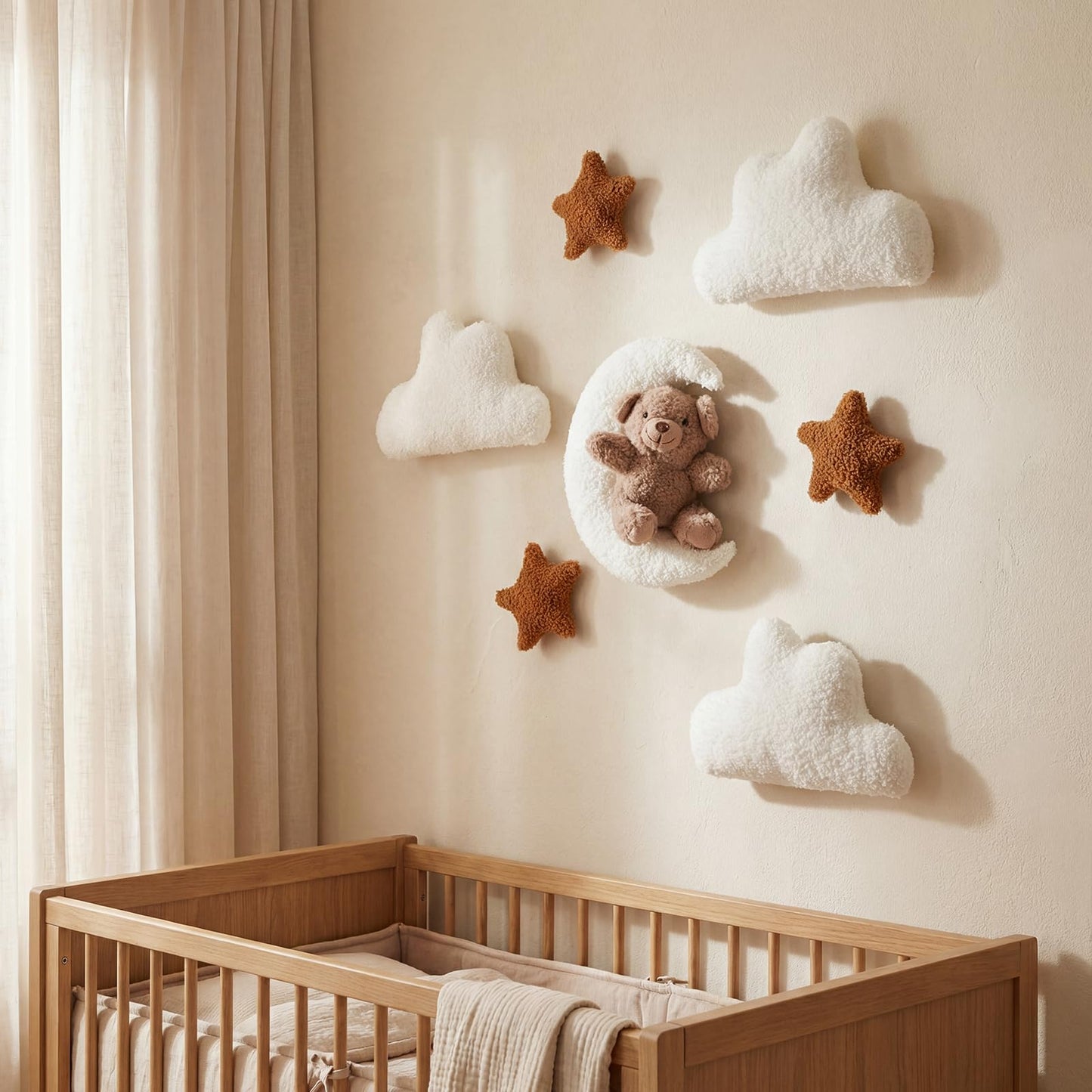 Chumia 7 Pcs Teddy Bear and Moon Wall Decor Nursery Wall Art with Clouds Stars Soft Plush Baby Room Decor Gender Neutral for Bedroom Decoration (Ivory Caramel)