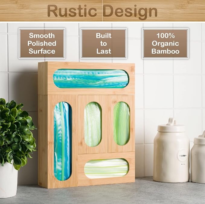 Bartnelli Sandwich bag organizer for Baggie Storage Organization, 5 PC Premium Bamboo Kitchen Drawer Organizer, Bag Holder Dispenser