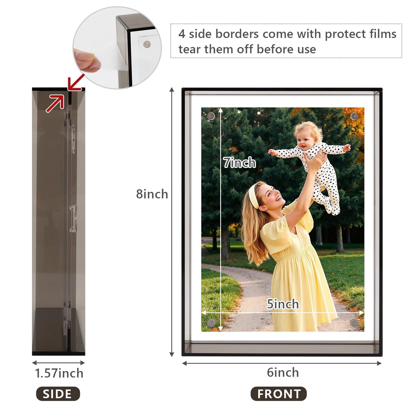 5x7 Acrylic Picture Frame Black - Clear Floating Photo Frames for 5 x 7 Inches Art Print - Individual for Tabletop Display - With Hangers for Wall Mount Horizontal or Vertical - 1 Pack