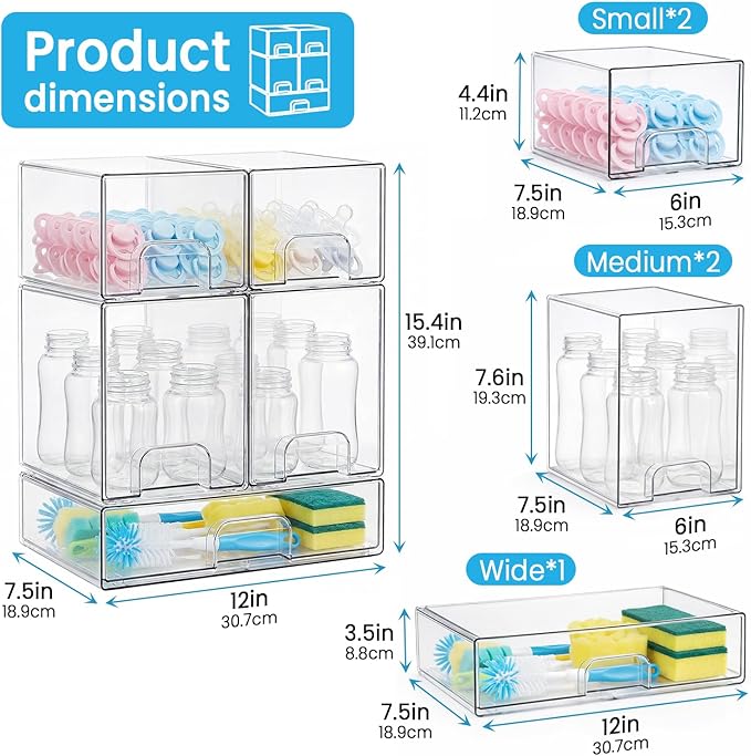 Bottle Storage Organizer Baby, Clear Stackable Storage Drawers Set for Baby Bottle, Beauty Supplies Storage, Ideal for Countertop, Vanity, Bathroom, Cabinet, Pantry Organization, 15.4" H, 5 Pack