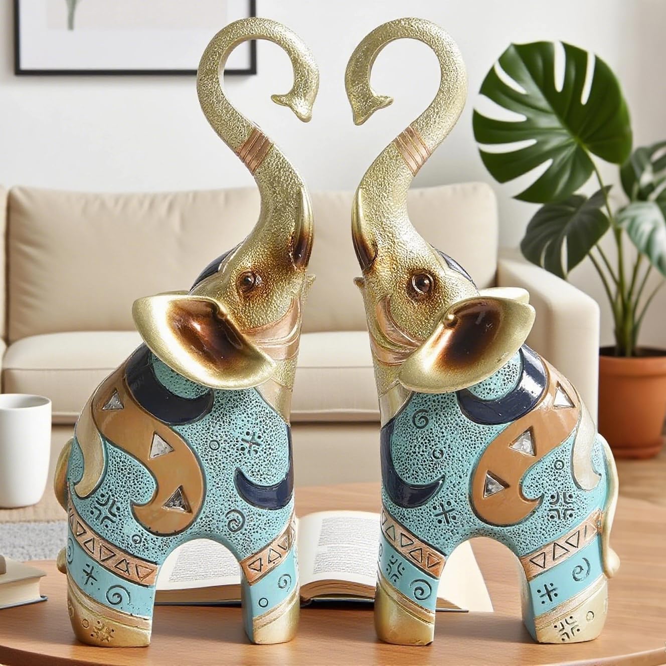 Aura7Mix Gold Elephant Statues Decor, 8.46 Inch Good Luck Home Decor Figurine, Resin Art Sculptures and Statues, Animal Gifts Home Tabletop Decoration, Living Room, Bathroom, Office,Bookshelf (2 Pack)
