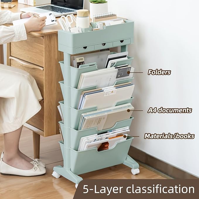 5 Tier Rolling Book Cart Multi-Functional Movable Storage Bookshelves with Lockable Wheels for Study Office Library Classroom, (Blue, with Wheel)