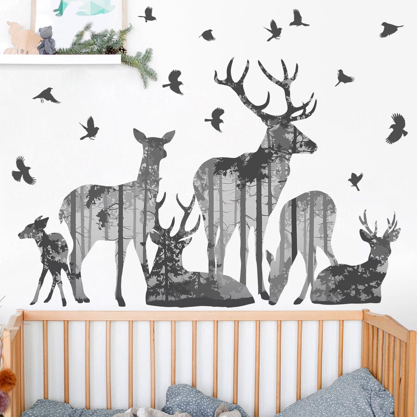 DRWSSR 2 Sheets Forests Silhouette Animals Wall Decals Removable Wild Elk Tree Wall Decals Peel and Stick Vinyl Birds Wall Art Decor for Children Nursery Bedroom Living Room Wall Corner Decor