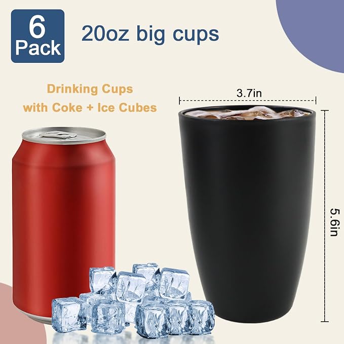 20 OZ Wheat Straw Cups SetS of 6, Unbreakable Drinking Cup, Alternative to Plastic Cups Reusable, Microwave & Dishwasher Safe Big Cup, Large Drinking Glasses for Kitchen, Party (Black)