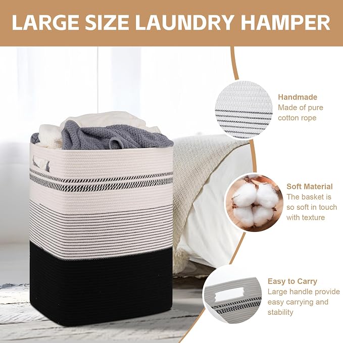 80L Large Cotton Rope Laundry Basket for Bedroom & Laundry Room, Tall Clothes Hamper with Sturdy Handles, Neutral Storage Bin Capable of Holding Blankets and Toys