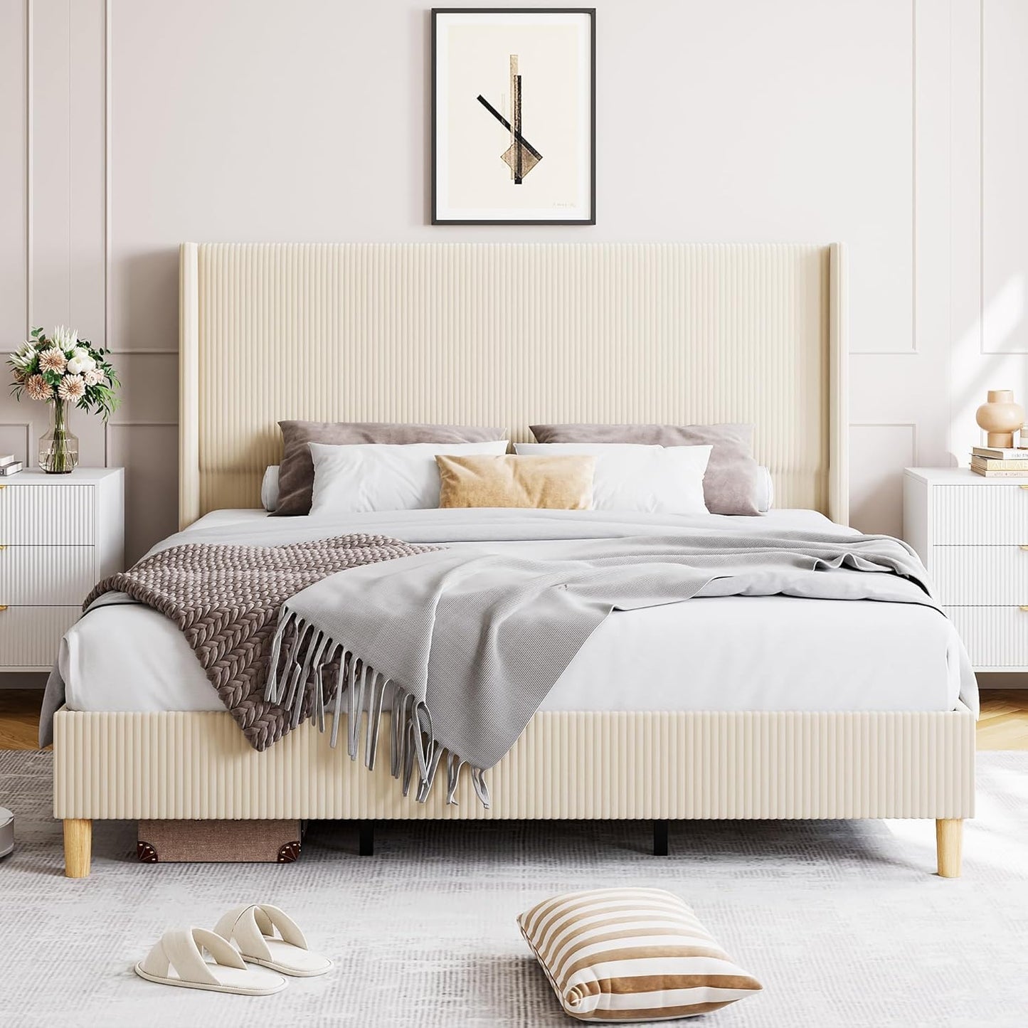 GarveeHome Queen Bed Frame, Upholstered Platform Velvet Bed Frame Queen Size with Vertical Channel Tufted Wingback Headboard, Strong Wooden Slats, No Box Spring Needed, Easy Assembly, Beige