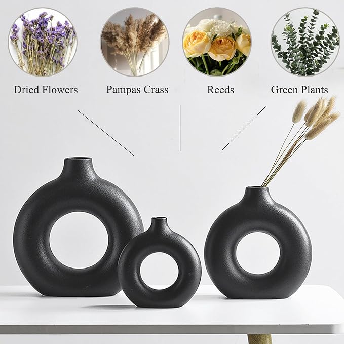 Black Ceramic Donut Vase Set of 2, Hollow Round Matte Pampas Flower Vases for Boho Home Wedding Party Room Dinner Table Shelf Decor.（Black）