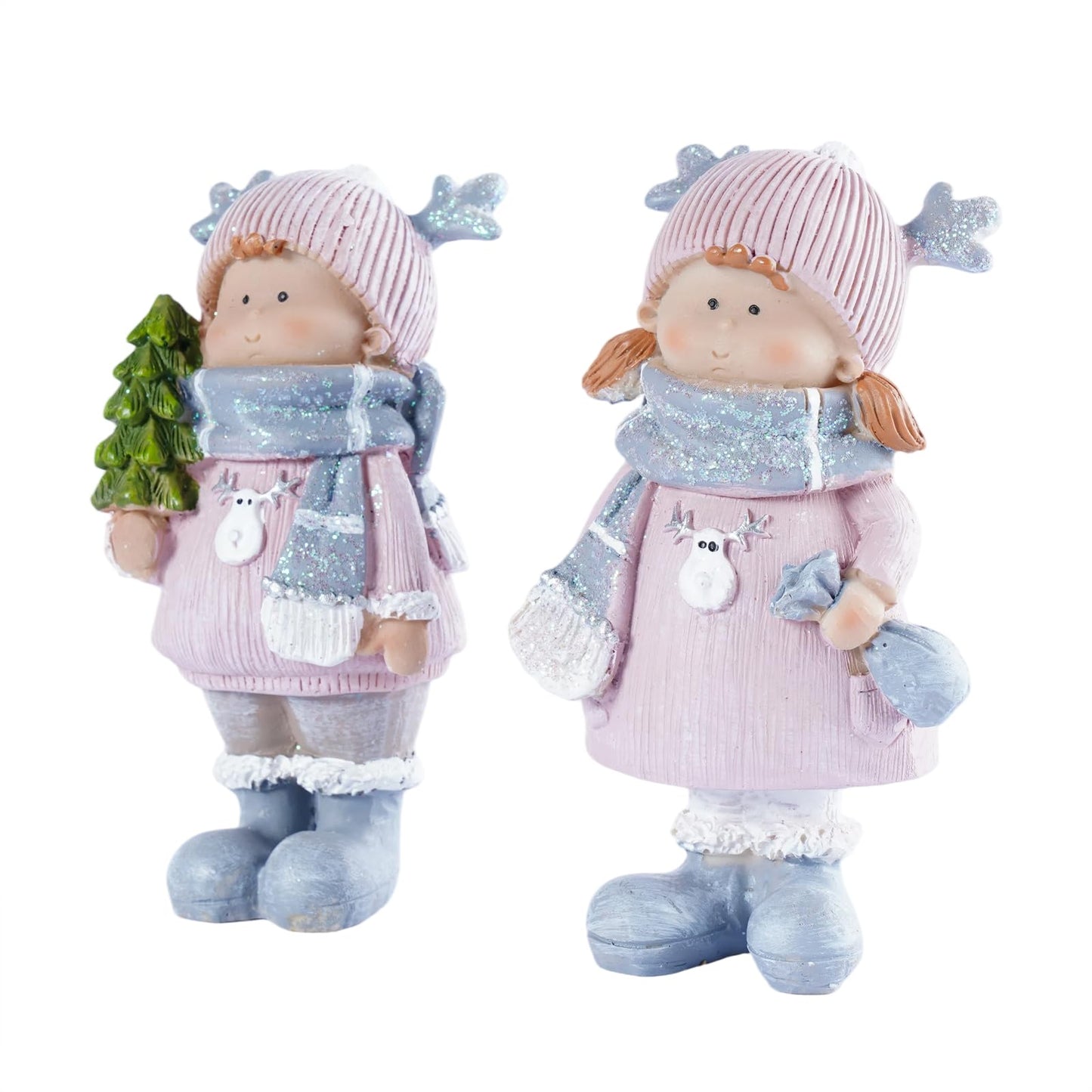 Brizoria Christmas Home Decor Cute Girl Dolls Set of 2 Resin Miniature Figurines with Reindeer Hats Winter Decorations for Home Mantel Tiered Tray Tabletop Christmas Decorations Indoor