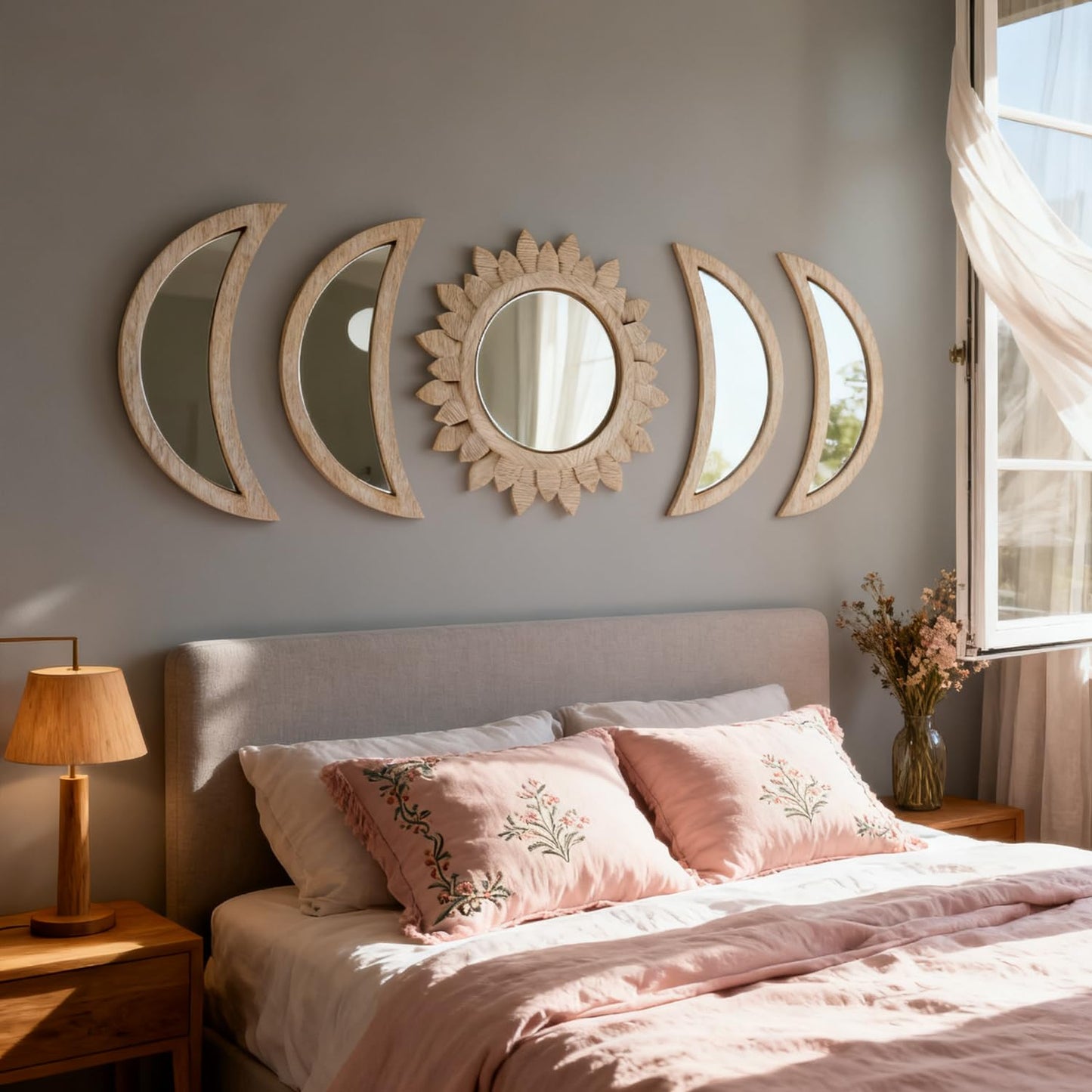 Cpcdaosk 5 Pieces Moon Phase Mirror Wall-Mounted Wall Decor Mirrors Natural Wooden Sunburst Bohemian Wall Art for Home Living Room Bedroom Decoration