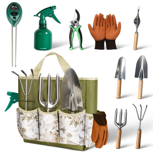 10-Piece Premium Gardening Tool Set—Includes A Moisture Meter, Heavy-Duty Rust-Resistant Stainless Steel Tools with A Storage Carry Bag. The Perfect Gardening Gift for Both Men and Women (Green)